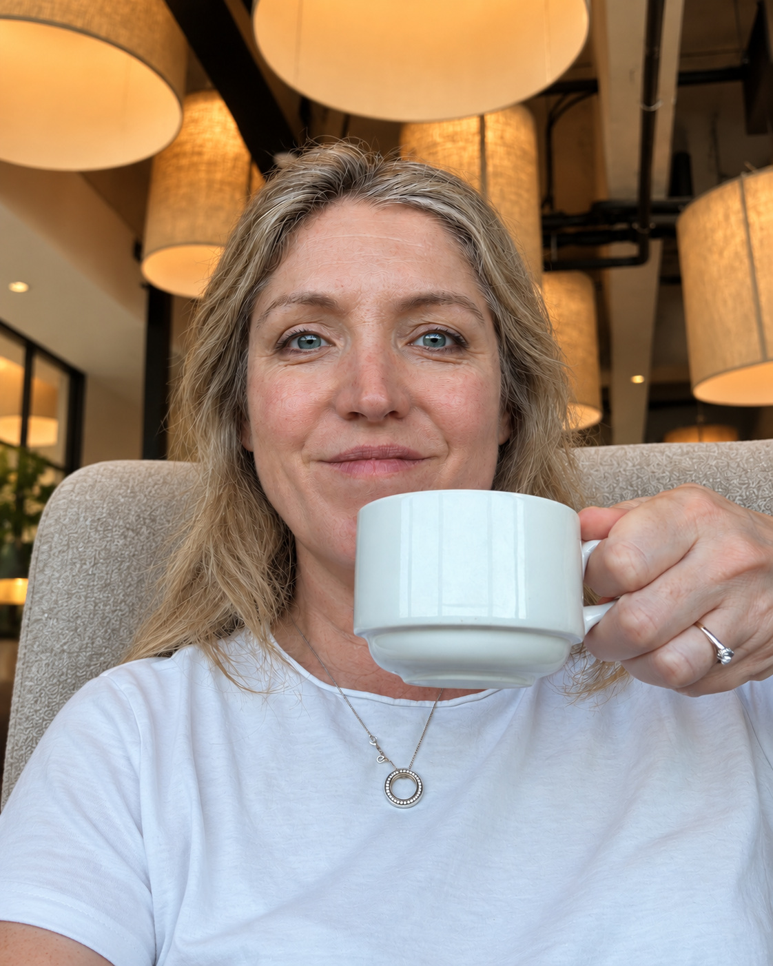 Rachel Stavrou having coffee